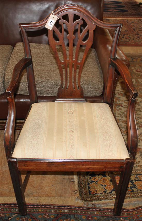 Hepplewhite style mahogany open arm elbow chair, pierced splat & drop-in seat(-)